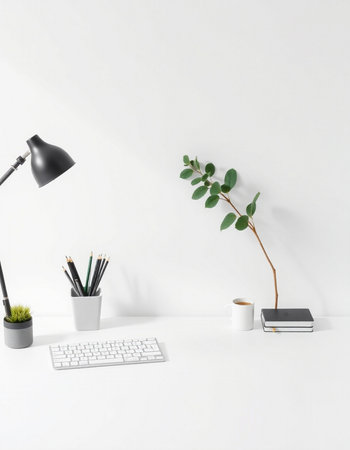 Minimalist workspace with computer, coffee cup and plant on white background. Workplace conceptの写真素材