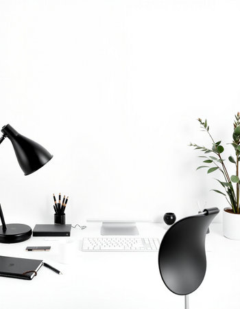 Modern workspace with computer, supplies and plant on white wall background. 3D Renderingの写真素材