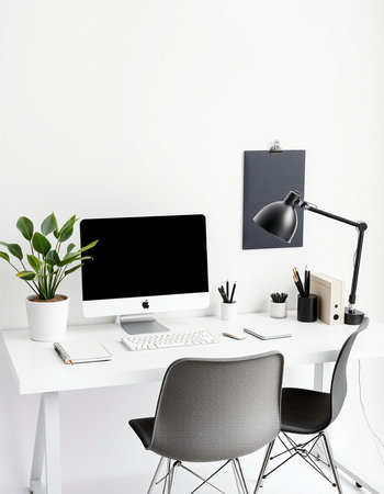 Workplace with computer, lamp and stationery. Workplace conceptの写真素材