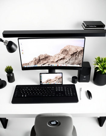 Modern desktop with computer, keyboard, mouse and graphic tablet. 3d render