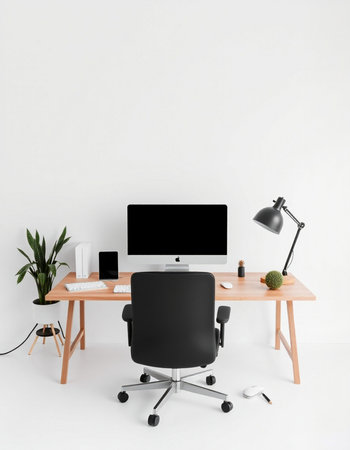 Workplace with computer on table near white wall. 3d rendering