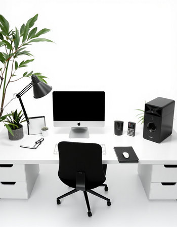 3D Illustration. Workplace in modern office. Workspace with computer, desk, lamp and other items.