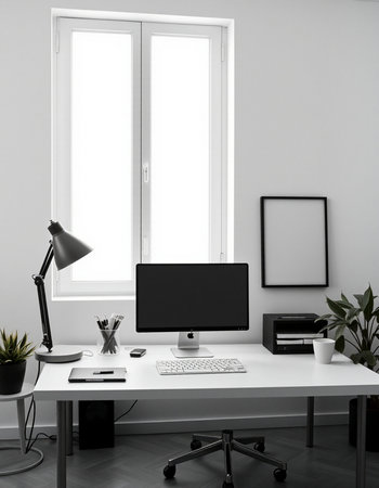 workplace with computer, lamp, plant and blank picture frame on wall