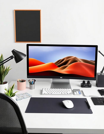 Workplace with computer on table in modern office. 3d rendering