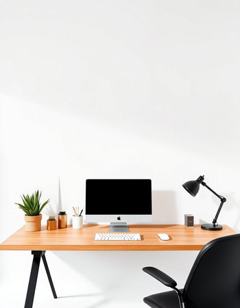 Minimalistic workplace with computer, coffee cup, keyboard and other items. Mock up, 3D Rendering