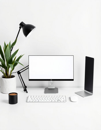 Modern workplace with blank screen computer monitor, keyboard, mouse, lamp and plant on white...