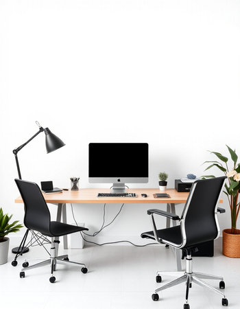 Modern workplace with computer on white wall background. 3D Rendering