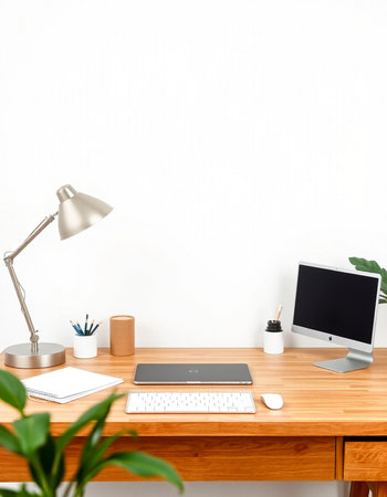 Workplace with computer, lamp and stationery on wooden desk.の写真素材