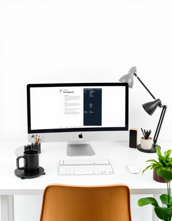 Workplace with computer and stationery on table against white wall background