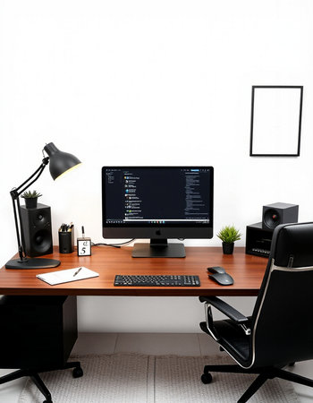 Modern workplace with computer, mouse, keyboard, mouse and other items