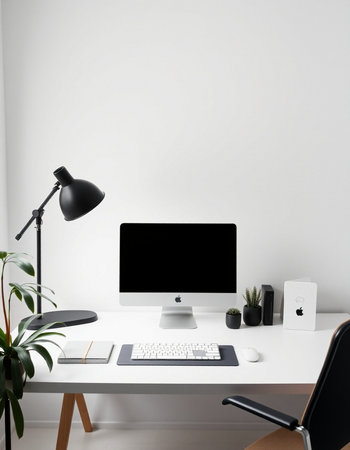 Modern designer desktop with blank computer screen, keyboard, mouse, lamp and other objects. Mock...