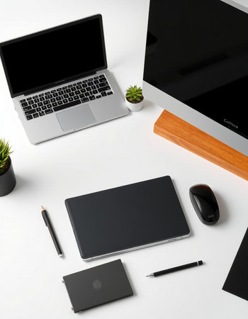 Modern workspace with laptop, tablet, smartphone and other office stuff on white table. Flat lay, top viewの写真素材