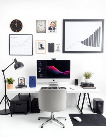 Workplace with computer, mobile phone and other objects on white wall