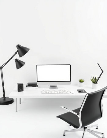 Front view of modern designer desktop with blank white computer screen, black armchair, lamp and...