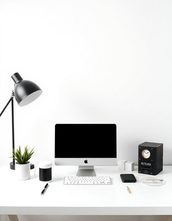 workplace with computer, lamp and coffee cup on white wall background