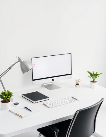 Close up of modern designer desktop with blank white computer screen, supplies and coffee cup. Mock...