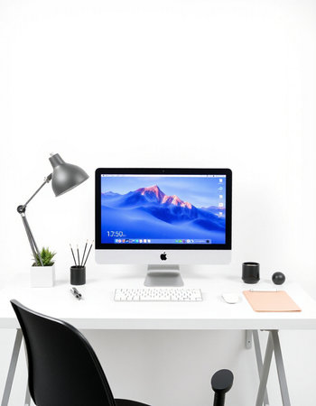 Workplace with modern computer on white table. 3d rendering.