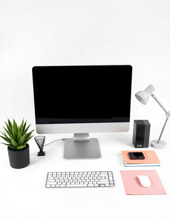 Modern workspace with computer and stationery on white background. Flat lay, top view