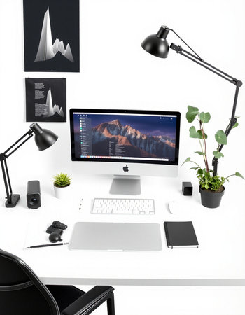 workplace with computer, laptop, and other objects on white background