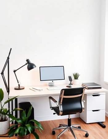 Interior of a modern office with white walls, wooden floor, computer on the desk and a plantの写真素材
