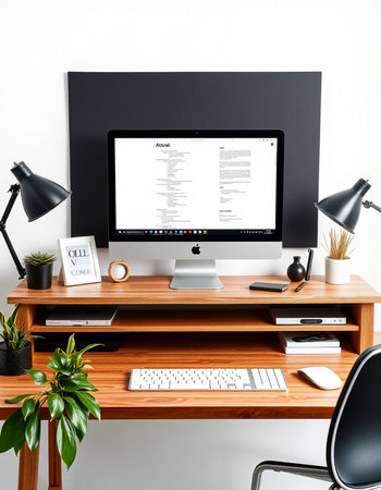 workplace with computer, lamp and books in modern home office interior