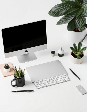 Modern workspace with computer, stationery and plants on white background. Flat lay, top view