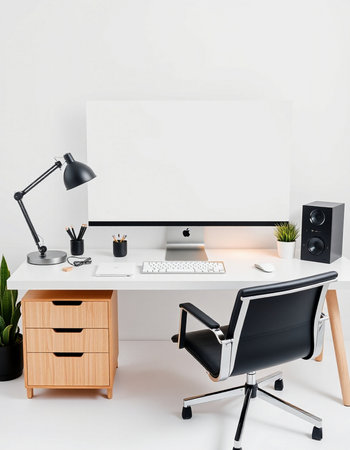 Modern home office with computer, chair and other items. Mock up, 3D Rendering