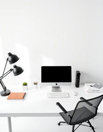 workplace with computer, lamp and stationery. 3d rendering