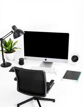 Workplace with computer and other objects, isolated on white background.