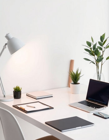 workplace with laptop, stationery and plants in modern office interior