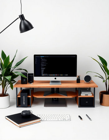Workplace with computer, keyboard, mouse, coffee cup and plant. 3d rendering
