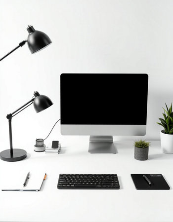 Modern workplace with computer, keyboard, mouse, lamp and plant. 3d render