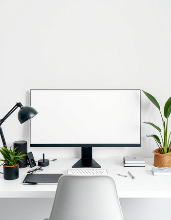 Modern workspace with blank screen computer, supplies and decorations. 3d renderの写真素材