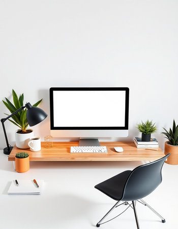 Modern workspace with computer, supplies and decorations. Mock up, 3D Rendering