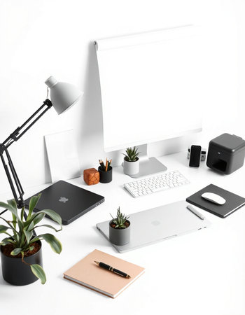 Modern workplace with laptop, tablet, smartphone, stationery and plant on white background