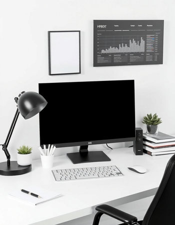 workplace with computer, lamp, stationery and blank poster on wall