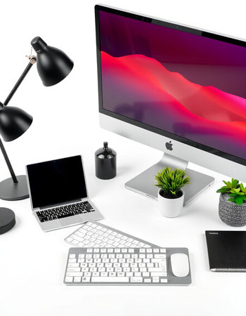 3D illustration of a computer screen and work stuff on white background, Workspace
