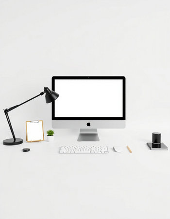 Desktop computer with blank screen and office supplies. 3D rendering.