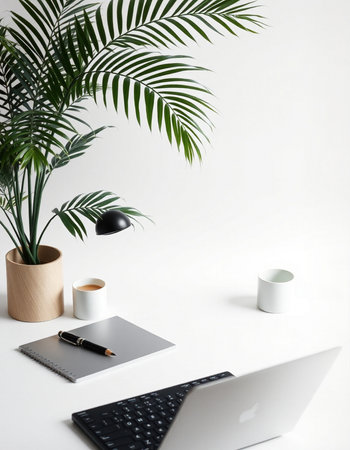 Modern workspace with laptop, coffee cup and plant on the white background
