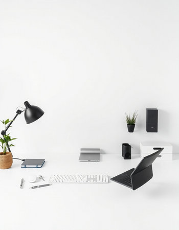 Minimalist workspace with computer, keyboard and mouse. 3d render