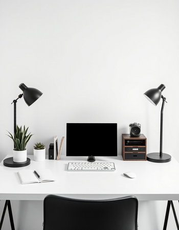 Modern workplace with blank computer monitor on white table. Mock up, 3D Renderingの写真素材