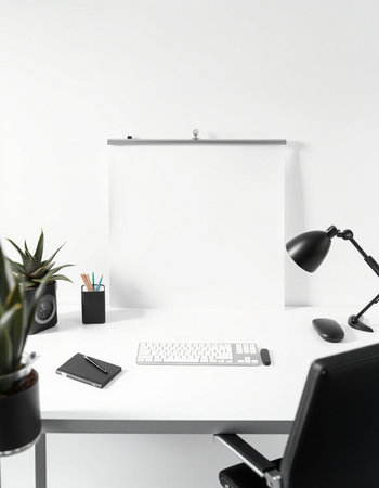 Close up of modern workplace with blank whiteboard and other items. Mock up, 3D Rendering