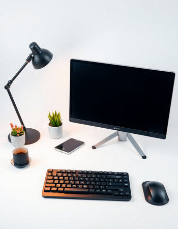 Office desk table with computer, keyboard, mouse, coffee cup and lamp.