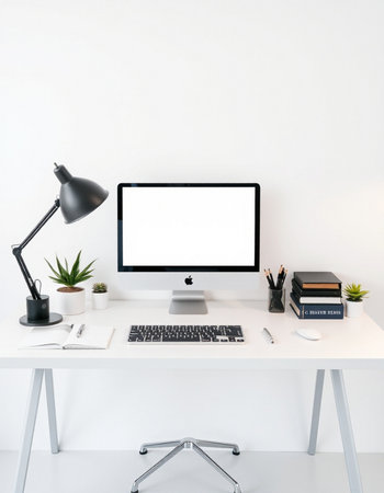 workplace with computer, lamp and books on white tableの写真素材