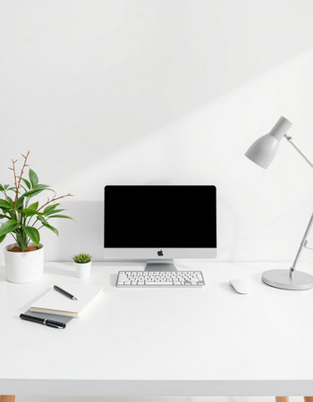 workplace with computer, lamp, notepad and plant on white table
