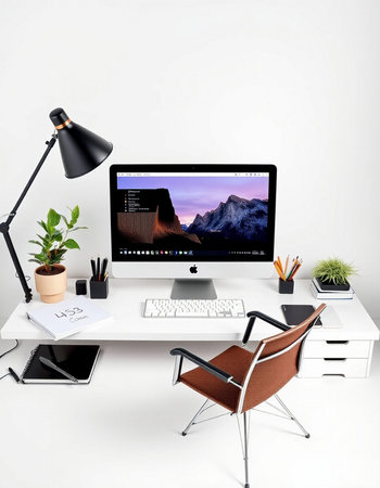 Workplace with computer and other objects on table in officeの写真素材