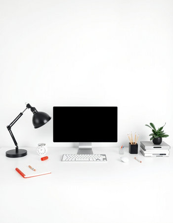 workplace with computer, lamp and stationery isolated on white background