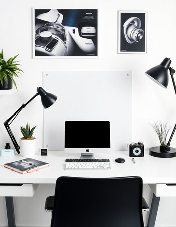 modern workspace with computer, camera and other objects