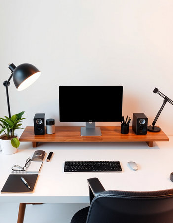 Workplace with computer, keyboard and mouse on white table and lamp