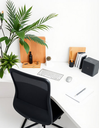 Modern office desk with computer, supplies and plants. Workplace concept